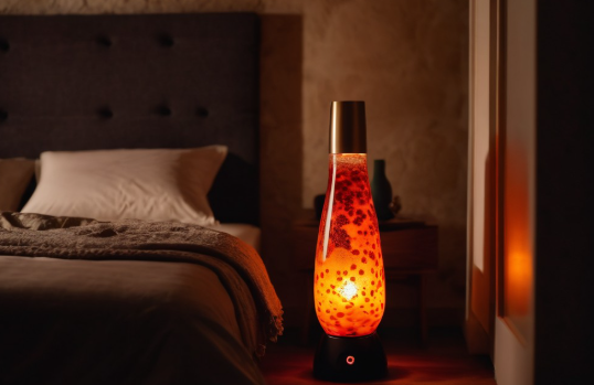 Lava Lamp (cozy glow, per date night guide) setting bedroom date ambiance in Pink & Purple Lava Lamp Date Night Guide